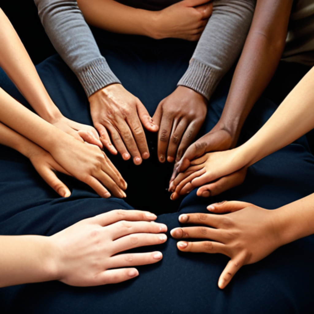 **A diverse group of people sitting in a circle, actively listening to each other with empathy and understanding. Soft, warm lighting, creating a safe and supportive atmosphere. Focus on facial expressions showing compassion.**