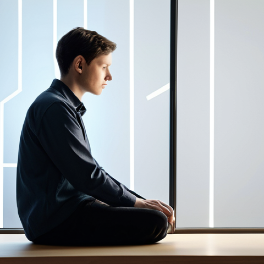 A peaceful individual, fully clothed in modest and professional casual attire, sitting comfortably in a warm, minimalist study. The person is in a contemplative pose, gazing thoughtfully. Soft light illuminates the scene, with subtle, abstract floating geometric shapes in the background, symbolizing fragmented memories gently coming together. Perfect anatomy, correct proportions, natural pose, well-formed hands, proper finger count, natural body proportions. Professional photography, high-quality, safe for work, appropriate content, family-friendly.